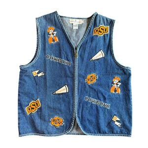 Castles Sport OSU Oklahoma State Cowboys Denim Zip Up Vest Womens Large Blue